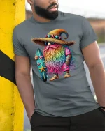 Surf Wizard T-Shirt Rainbow Beard Magic Beach Vibes - model wearing grey tee, leaning on column