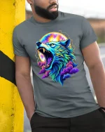 Neon Howling Wolf T-Shirt Cosmic Moon Art Graphic - model wearing grey tee, leaning on column