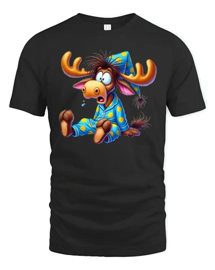 Sleepy Moose T-Shirt Funny Pajama Cartoon Tee - black t-shirt on white background