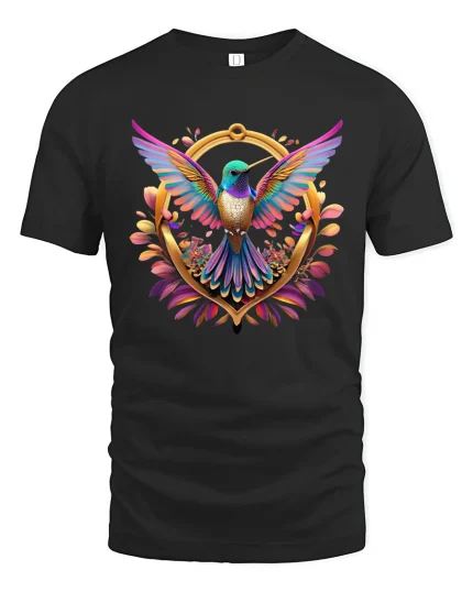 Colorful Hummingbird T-Shirt Vibrant Nature Art Tee - black t-shirt on white background