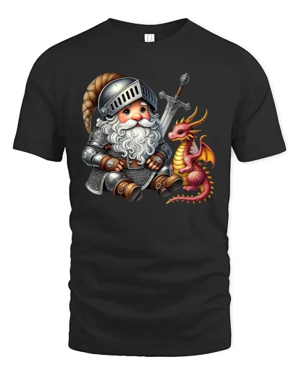 Knight Gnome T-Shirt Cute Dragon Fantasy Graphic Tee - black t-shirt on white background