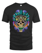 Tribal Skull Warrior T-Shirt Bold Aztec Style Tee - black t-shirt on white background
