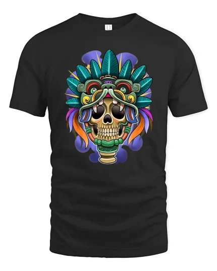 Tribal Skull Warrior T-Shirt Bold Aztec Style Tee - black t-shirt on white background