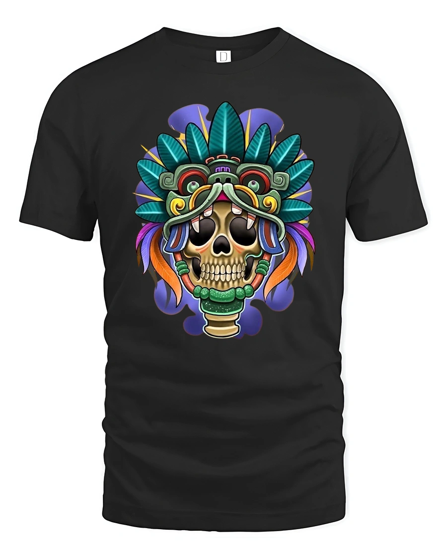 Tribal Skull Warrior T-Shirt Bold Aztec Style Tee - 1 Tribal Skull Warrior T-Shirt Bold Aztec Style Tee - black t-shirt on white background