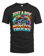 Just A Boy Who Loves Monster Trucks T-Shirt - black t-shirt on white background