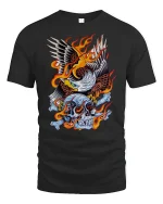 Flaming Eagle Skull T-Shirt Bold Biker Graphic Tee - black t-shirt on white background