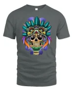Tribal Skull Warrior T-Shirt Bold Aztec Style Tee - gray t-shirt on white background