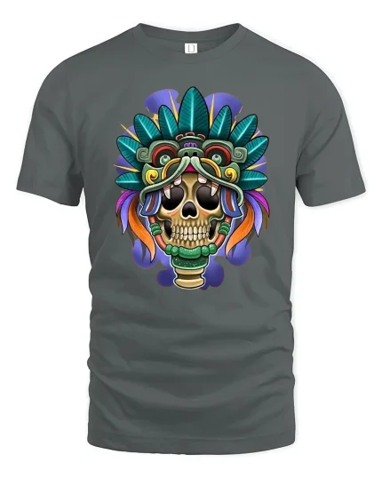 Tribal Skull Warrior T-Shirt Bold Aztec Style Tee - gray t-shirt on white background