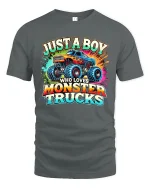 Just A Boy Who Loves Monster Trucks T-Shirt - gray t-shirt on white background