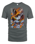 Flaming Eagle Skull T-Shirt Bold Biker Graphic Tee - gray t-shirt on white background