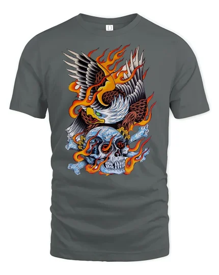 Flaming Eagle Skull T-Shirt Bold Biker Graphic Tee - gray t-shirt on white background