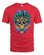 Tribal Skull Warrior T-Shirt Bold Aztec Style Tee - red t-shirt on white background