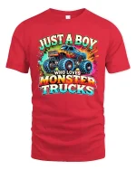 Just A Boy Who Loves Monster Trucks T-Shirt - red t-shirt on white background