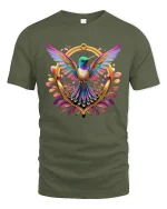 Colorful Hummingbird T-Shirt Vibrant Nature Art Tee - military green t-shirt on white background