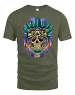 Tribal Skull Warrior T-Shirt Bold Aztec Style Tee - military green t-shirt on white background