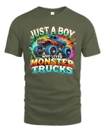 Just A Boy Who Loves Monster Trucks T-Shirt - military green t-shirt on white background