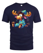 Sleepy Moose T-Shirt Funny Pajama Cartoon Tee - navy t-shirt on white background