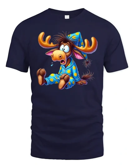 Sleepy Moose T-Shirt Funny Pajama Cartoon Tee - navy t-shirt on white background