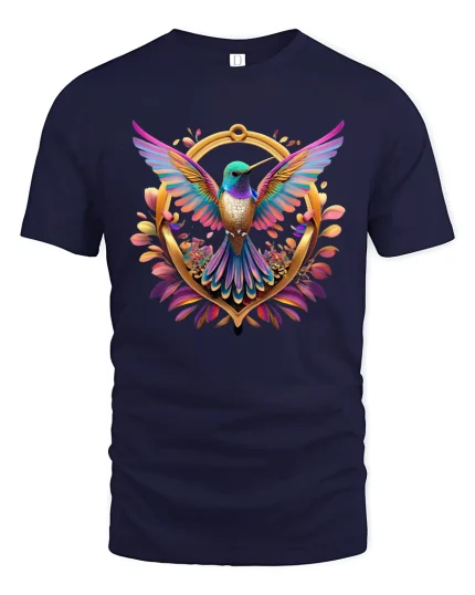 Colorful Hummingbird T-Shirt Vibrant Nature Art Tee - navy t-shirt on white background