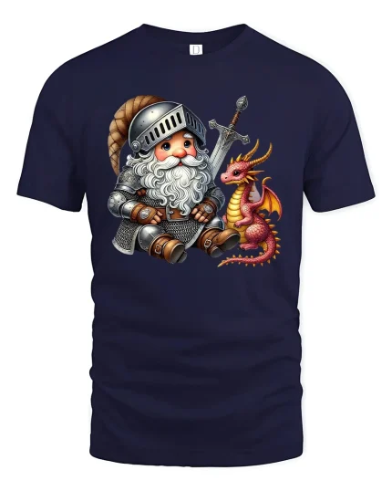 Knight Gnome T-Shirt Cute Dragon Fantasy Graphic Tee - navy t-shirt on white background