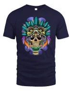 Tribal Skull Warrior T-Shirt Bold Aztec Style Tee - navy t-shirt on white background