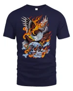 Flaming Eagle Skull T-Shirt Bold Biker Graphic Tee - navy t-shirt on white background