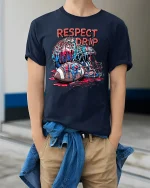 Respect The Drip Football T-Shirt Cool Sports Tee - model wearing navy tee with hands in pockets