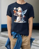 Christmas Angel Gnome T-Shirt Cute Holiday Tee - model wearing navy tee with hands in pockets
