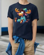 Sleepy Moose T-Shirt Funny Pajama Cartoon Tee - model wearing navy tee with hands in pockets