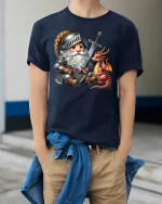 Knight Gnome T-Shirt Cute Dragon Fantasy Graphic Tee - model wearing navy tee with hands in pockets