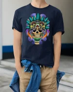 Tribal Skull Warrior T-Shirt Bold Aztec Style Tee - model wearing navy tee with hands in pockets