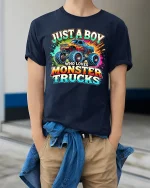 Just A Boy Who Loves Monster Trucks T-Shirt - model wearing navy tee with hands in pockets