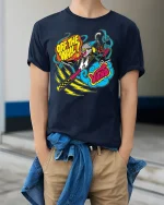 Off The Wall Style T-Shirt Bold Street Graphic Tee - model wearing navy tee with hands in pockets
