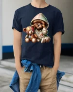 Cute Puppy Hoodie T-Shirt Adorable Dog Lover Tee - model wearing navy tee with hands in pockets