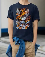Flaming Eagle Skull T-Shirt Bold Biker Graphic Tee - model wearing navy tee with hands in pockets