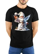 Christmas Angel Gnome T-Shirt Cute Holiday Tee - model wearing black tee with hands behind back