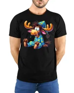 Sleepy Moose T-Shirt Funny Pajama Cartoon Tee - model wearing black tee with hands behind back