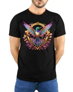 Colorful Hummingbird T-Shirt Vibrant Nature Art Tee - model wearing black tee with hands behind back