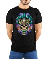 Tribal Skull Warrior T-Shirt Bold Aztec Style Tee - model wearing black tee with hands behind back