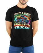 Just A Boy Who Loves Monster Trucks T-Shirt - model wearing black tee with hands behind back
