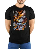 Flaming Eagle Skull T-Shirt Bold Biker Graphic Tee - model wearing black tee with hands behind back
