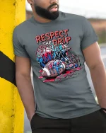 Respect The Drip Football T-Shirt Cool Sports Tee - model wearing grey tee, leaning on column