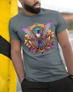 Colorful Hummingbird T-Shirt Vibrant Nature Art Tee - model wearing grey tee, leaning on column