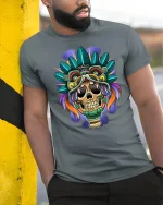 Tribal Skull Warrior T-Shirt Bold Aztec Style Tee - model wearing grey tee, leaning on column