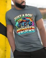Just A Boy Who Loves Monster Trucks T-Shirt - model wearing grey tee, leaning on column