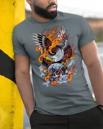 Flaming Eagle Skull T-Shirt Bold Biker Graphic Tee - model wearing grey tee, leaning on column