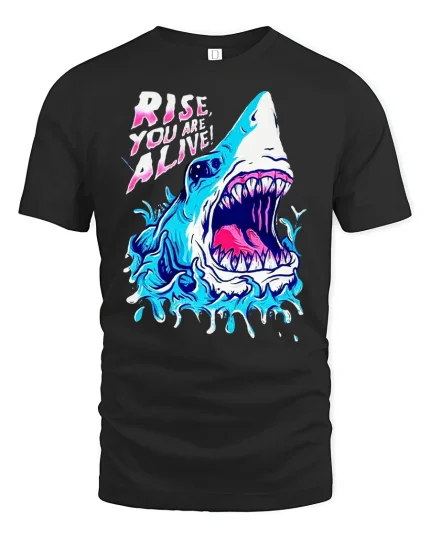 Rise Alive Shark Attack T-Shirt - black t-shirt on white background