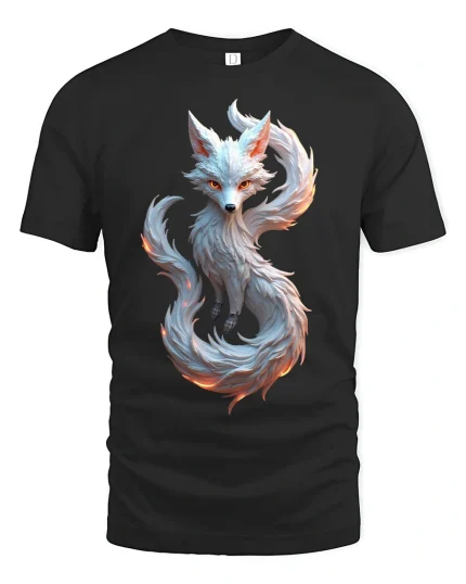 Mystic White Fox Fire Tail Tee - black t-shirt on white background
