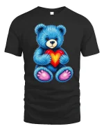 Cute Blue Teddy Bear Holding Heart T-Shirt - black t-shirt on white background