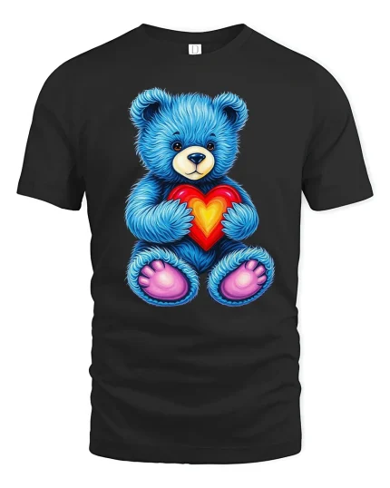 Cute Blue Teddy Bear Holding Heart T-Shirt - black t-shirt on white background